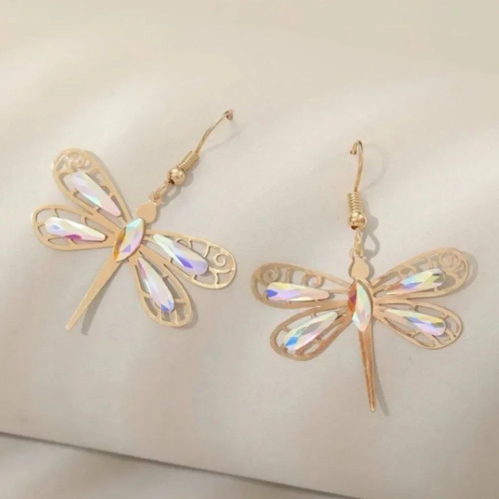 🔅🆕🔅 Boho Iridescent Yellow Gold  Dragonfly Drop Earrings✨